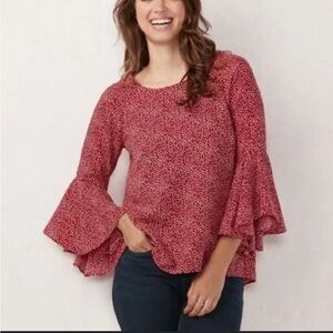 LC Lauren Conrad Red and White Bell Sleeve Blouse. Size XS